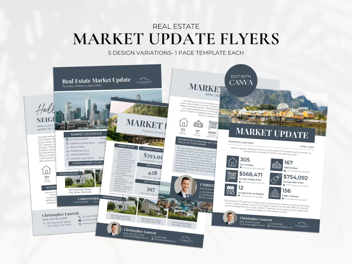 Market update flyer templates with five design variations