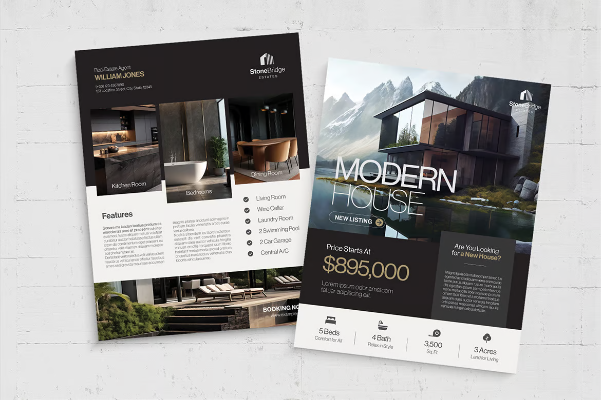 Modern house real estate flyer template formatted like a magazine